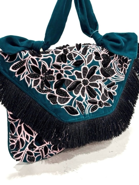 Anthropologie Handbags - Anthropologie Black Green Floral Velvet Beaded Gold Hardware Boho Handbag NWT